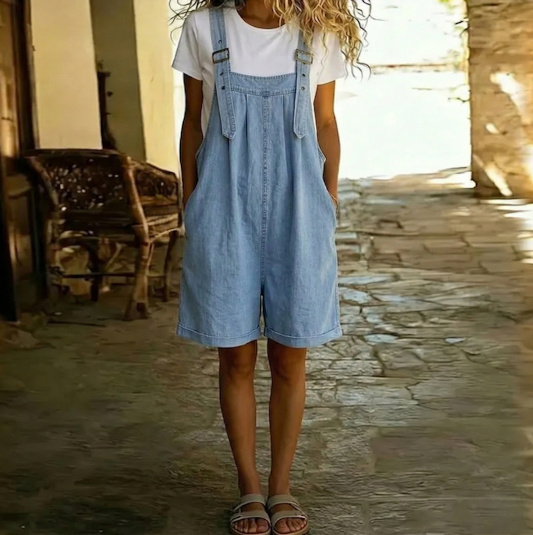 Isabel - Korte denim jumpsuit met zachte katoenlook en vintage wasbeurt Lichtblauw