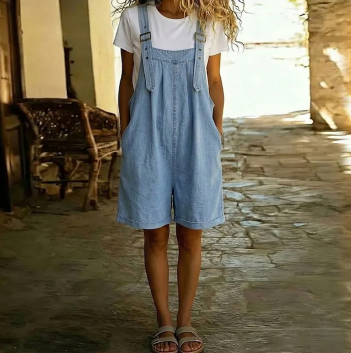 Isabel - Korte denim jumpsuit met zachte katoenlook en vintage wasbeurt Lichtblauw