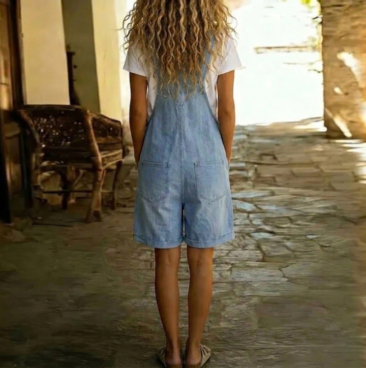 Isabel - Korte denim jumpsuit met zachte katoenlook en vintage wasbeurt Lichtblauw