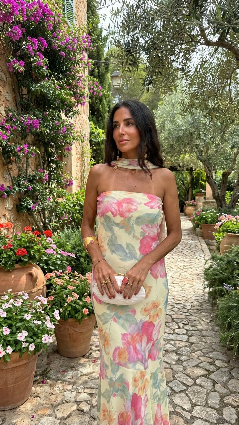 Wilma │Strapless Bloemen Waterverf Lange Jurk