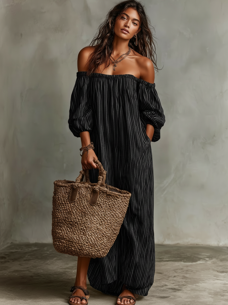 Vrouwen Vakantie Katoen-linnen Mix Off-shoulder Lange Mouwen Maxi Jurk MDZ0481B5Y