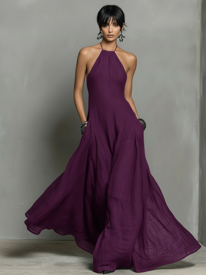 Dames Minimalistische Linnenmix Halternek Mouwloze Maxi Jurk MDZ2210A0Y
