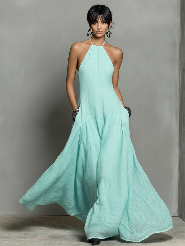 Dames Minimalistische Linnenmix Halternek Mouwloze Maxi Jurk MDZ2210A0Y