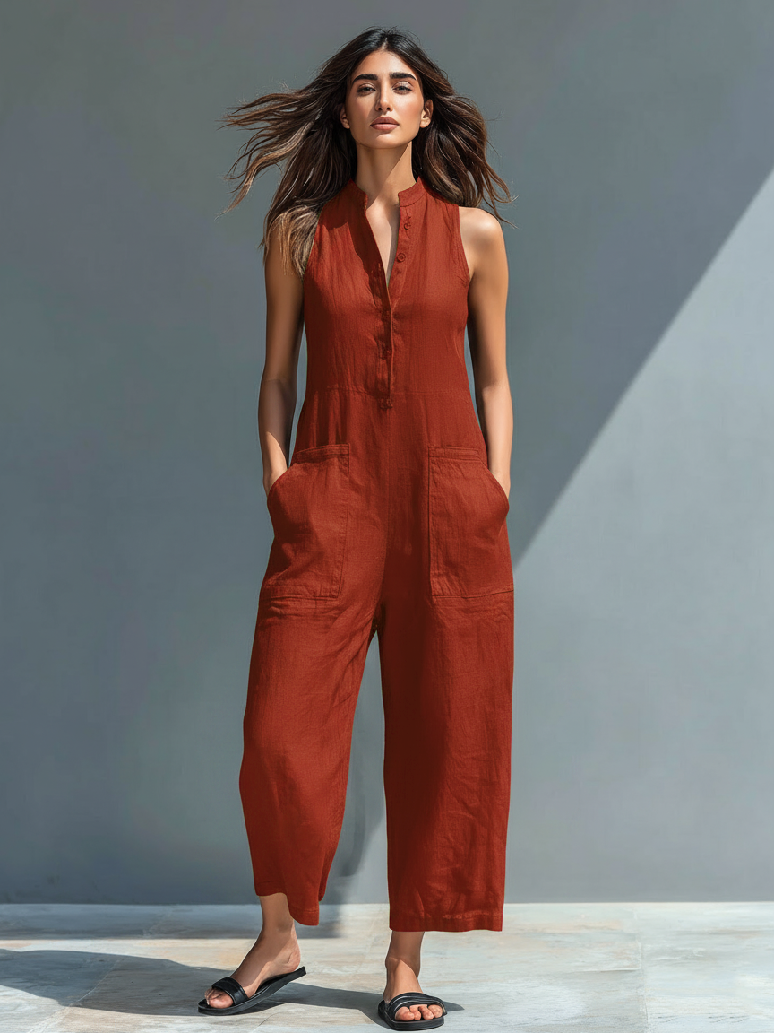Dames Minimalistische Linnenmix Knop-up Staande Kraag Mouwloze Losse Jumpsuit MDZ2725A5Y