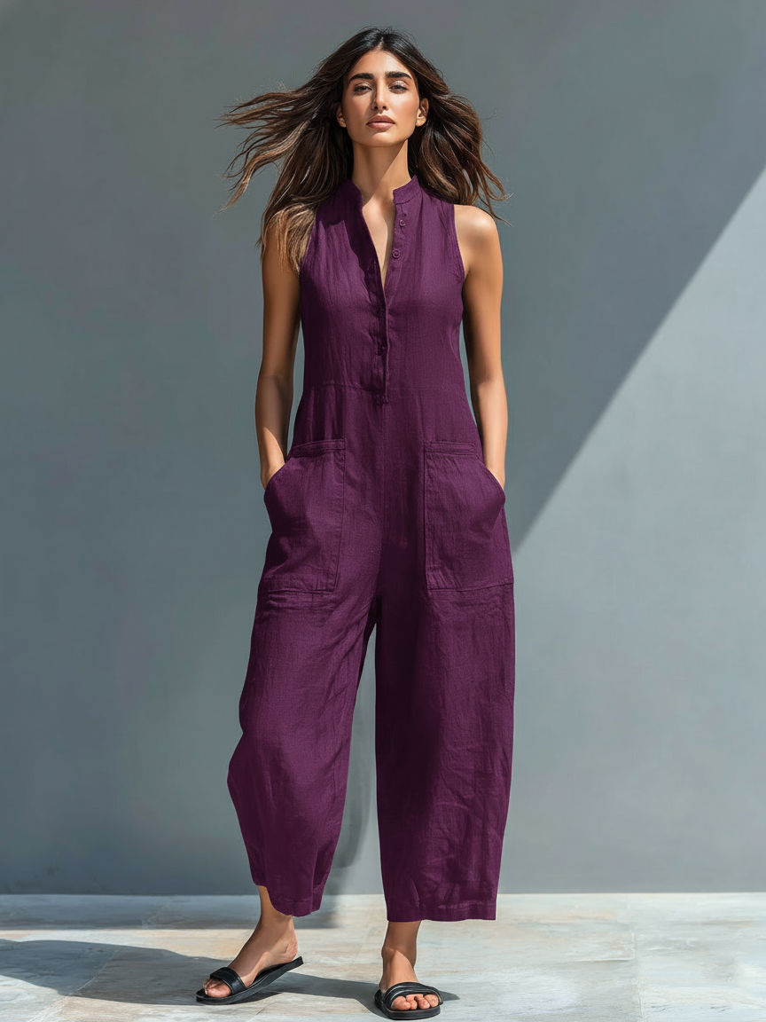 Dames Minimalistische Linnenmix Knop-up Staande Kraag Mouwloze Losse Jumpsuit MDZ2725A5Y