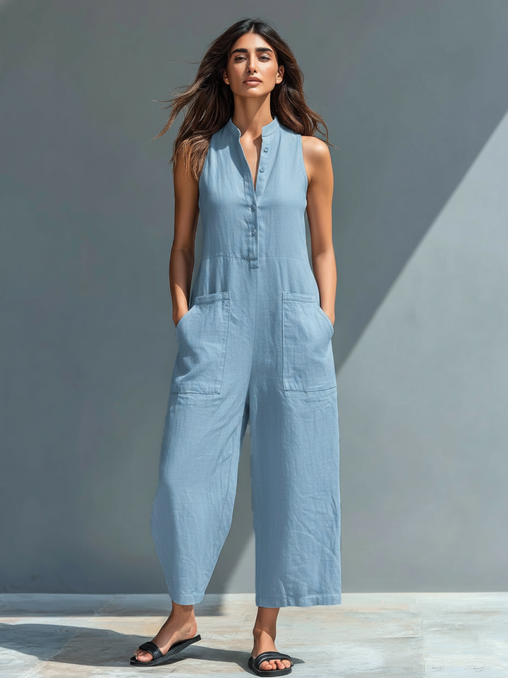 Dames Minimalistische Linnenmix Knop-up Staande Kraag Mouwloze Losse Jumpsuit MDZ2725A5Y