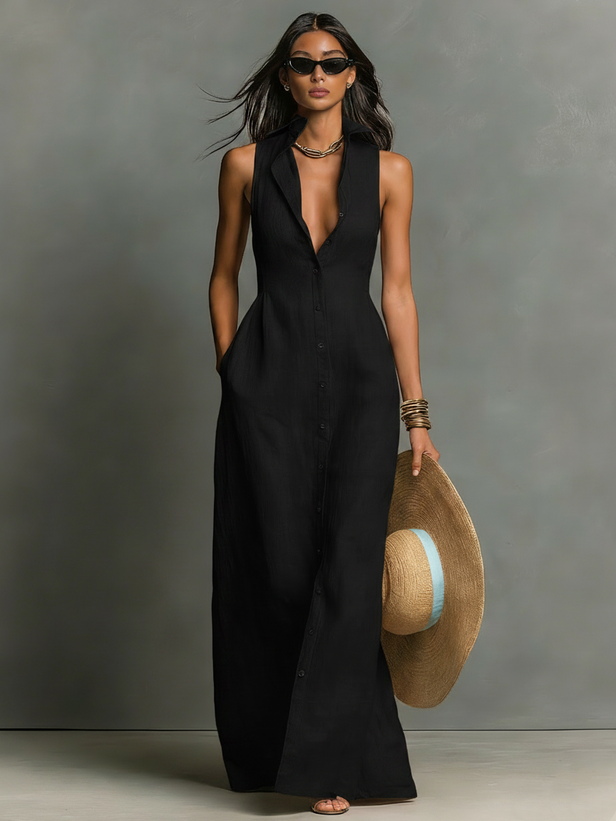 Dames Minimalistische Linnenmix Kraagloze Enkele Borst Mouwloze Maxi Hemdjurk MDZ1011C0Y