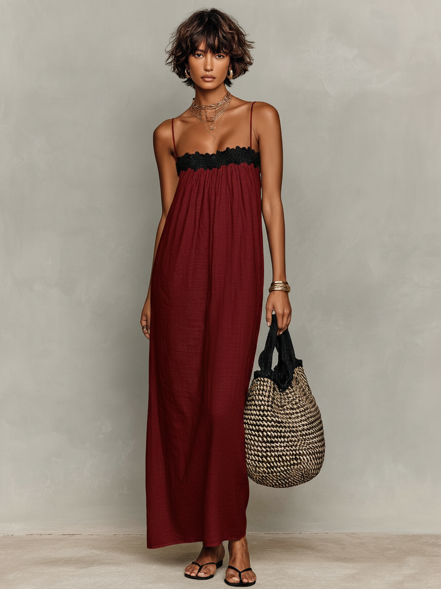 Vrouwen Minimalistische Linnenmix Strapless Maxi Jurk met Spaghettibandjes MDZ1926C9Y