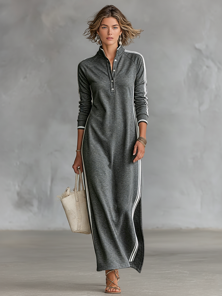 Dames Minimalistische Sweatshirt Maxi Jurk met Witte Bies en Knopen MDA0958L0Y