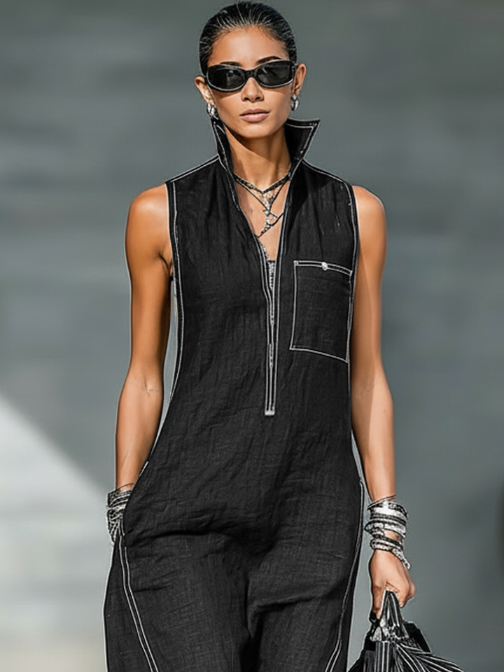 Dames Minimalistische Loszittende Wit Afgewerkte Mouwloze Jumpsuit MDA3086L9Y
