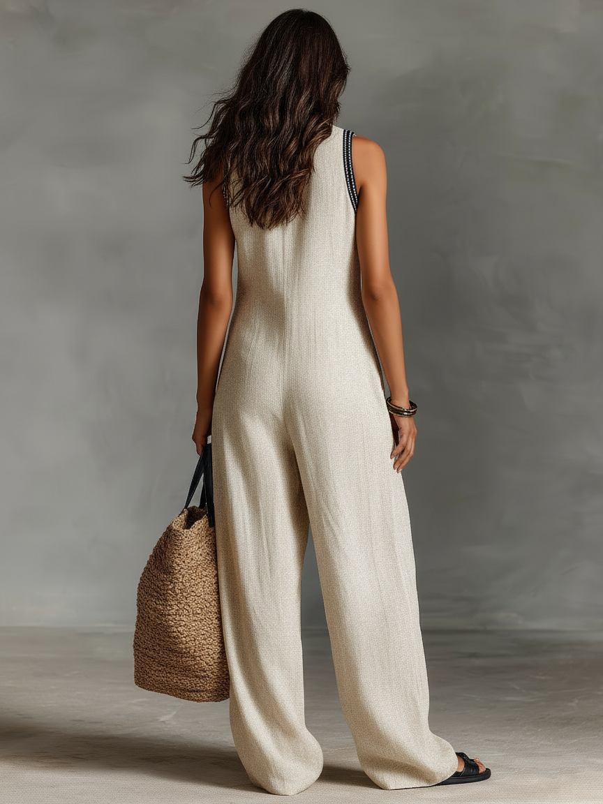 Dames Minimalistische Linnenmix Mouwloze Jumpsuit Met Rits En Staande Kraag, Met Borduursel MDZ0627B3Y