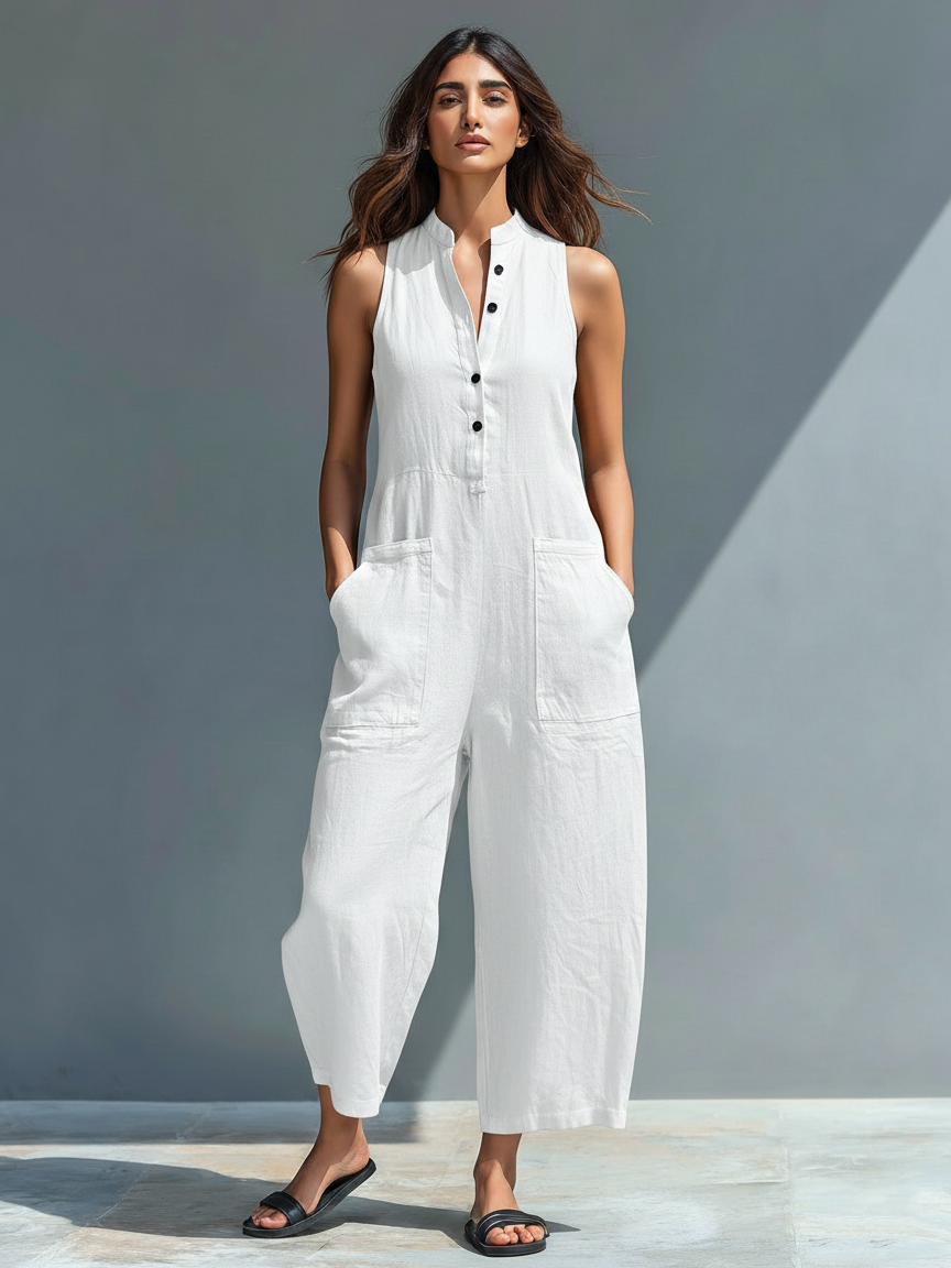 Dames Minimalistische Linnenmix Knop-up Staande Kraag Mouwloze Losse Jumpsuit MDZ2725A5Y