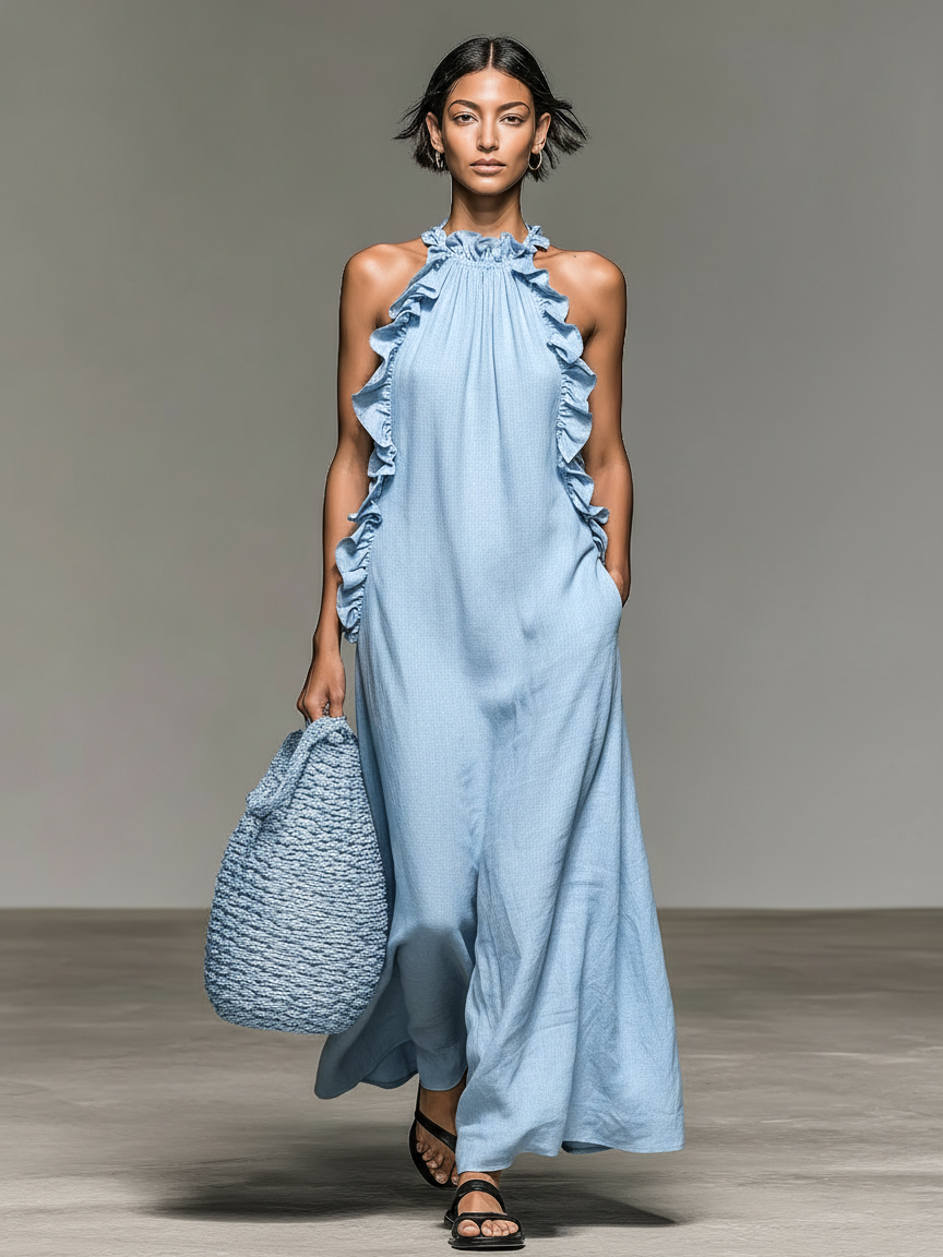 Dames Minimalistische Linnenmix Mouwloze Maxi Jurk Met Rimpeldetails MDZ1622A0Y