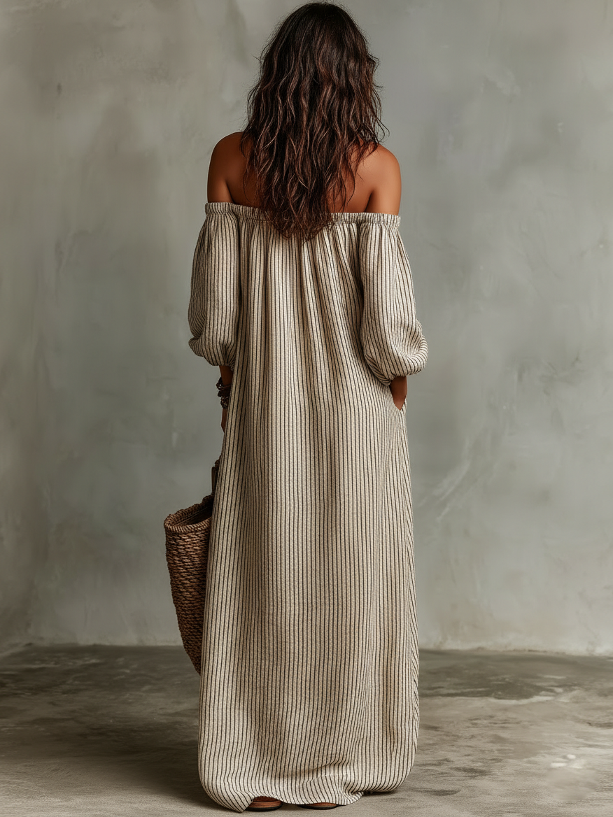 Vrouwen Vakantie Katoen-linnen Mix Off-shoulder Lange Mouwen Maxi Jurk MDZ0481B5Y