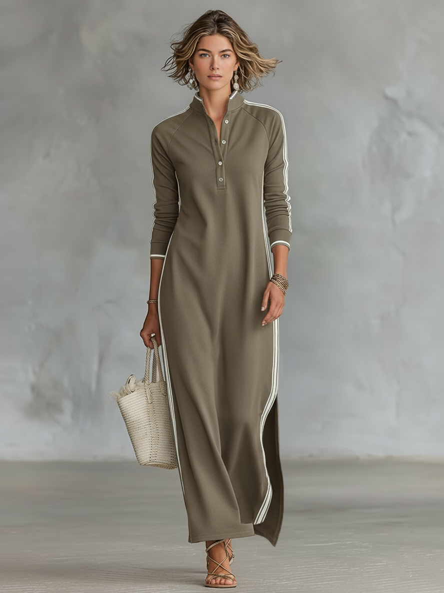 Dames Minimalistische Sweatshirt Maxi Jurk met Witte Bies en Knopen MDA0958L0Y