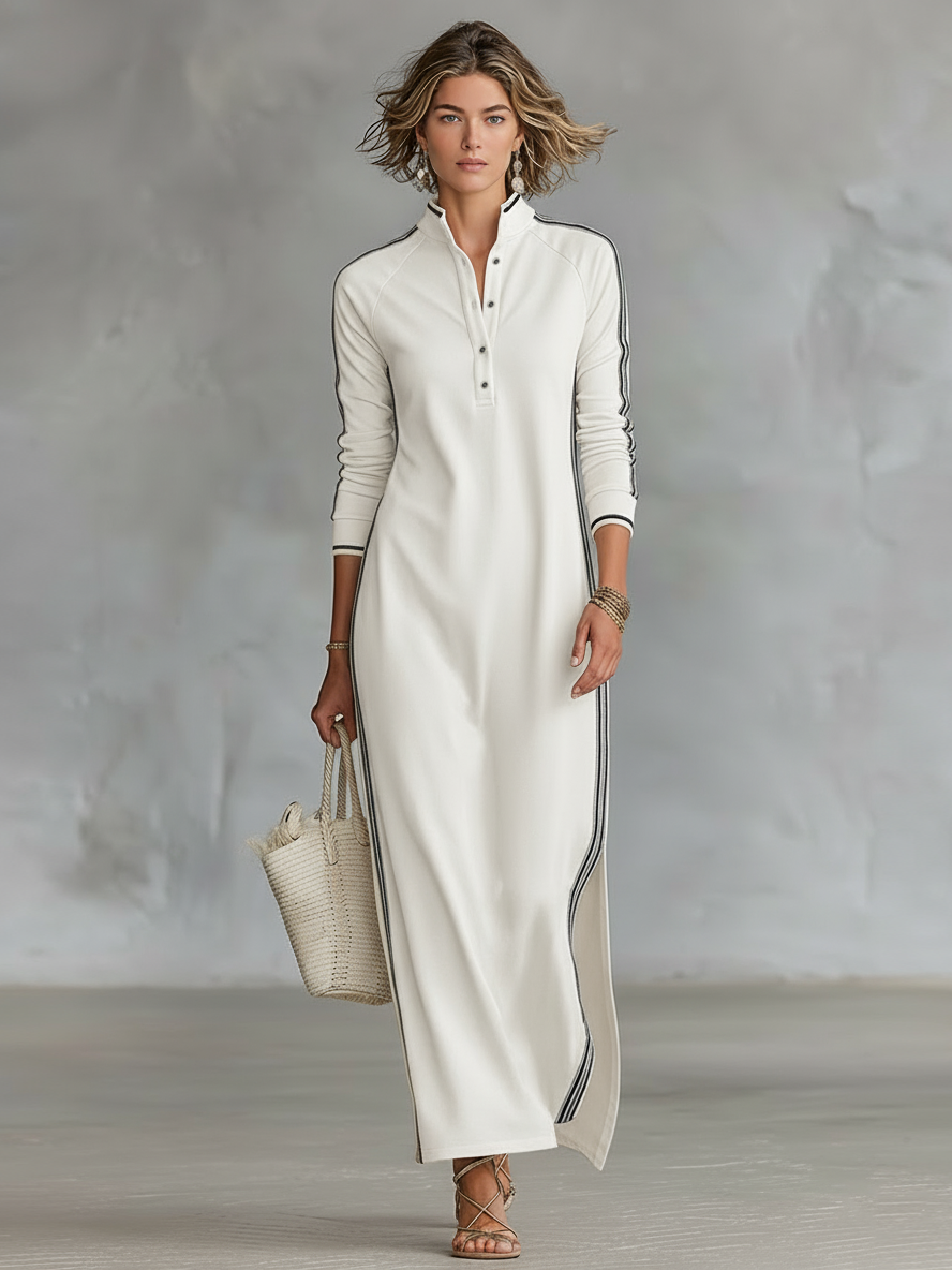 Dames Minimalistische Sweatshirt Maxi Jurk met Witte Bies en Knopen MDA0958L0Y