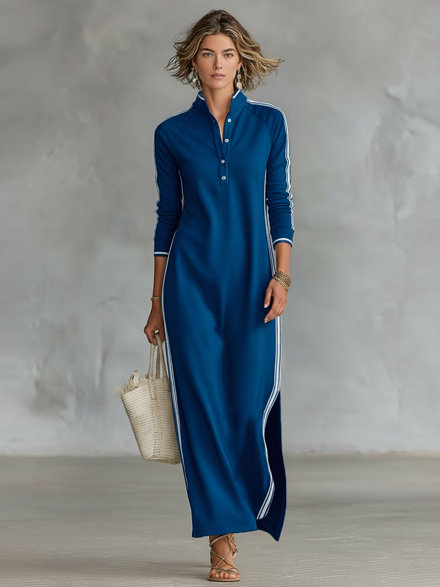 Dames Minimalistische Sweatshirt Maxi Jurk met Witte Bies en Knopen MDA0958L0Y