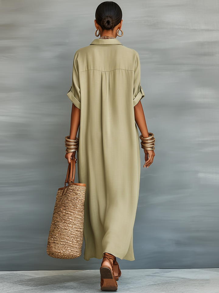 Dames Minimalistische Linnenmix Korte Mouwen Overhemd Maxi Jurk MDZ0647A2Y