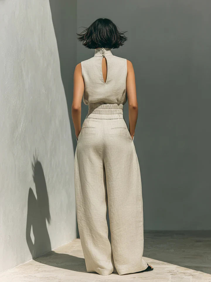 Flor™ | Minimalistische set van mouwloze blouse en wijde broek van katoen en linnen voor dames