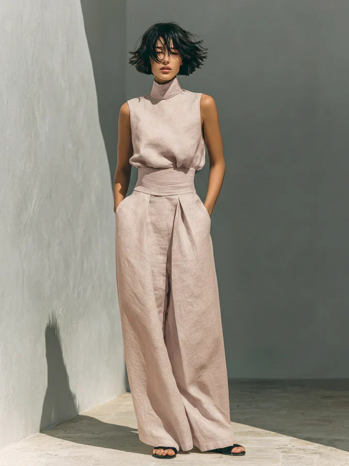 Flor™ | Minimalistische set van mouwloze blouse en wijde broek van katoen en linnen voor dames