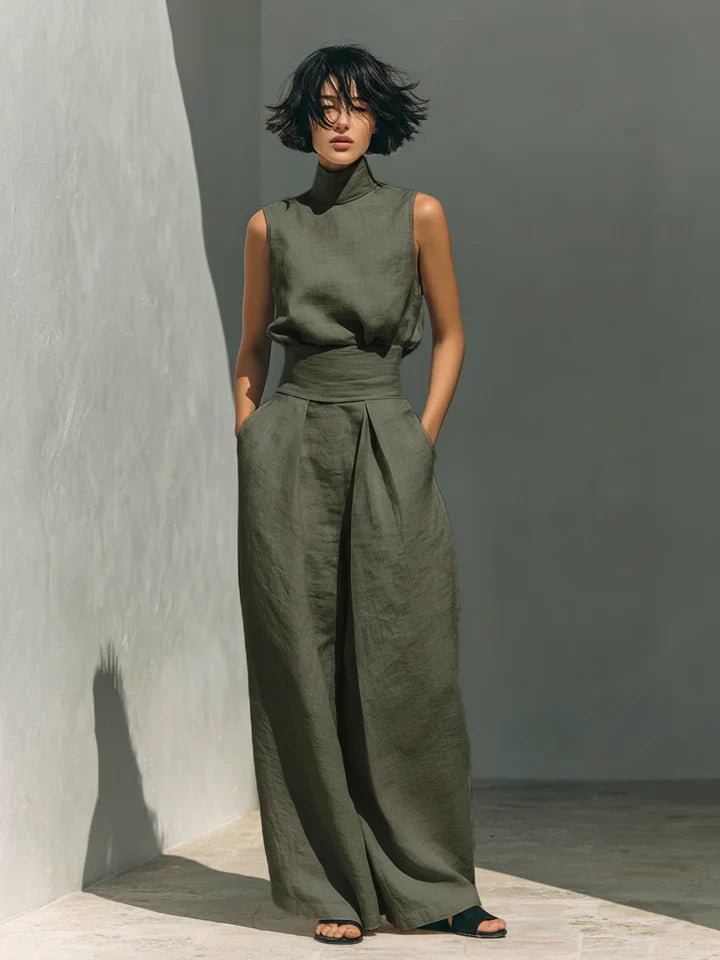 Flor™ | Minimalistische set van mouwloze blouse en wijde broek van katoen en linnen voor dames