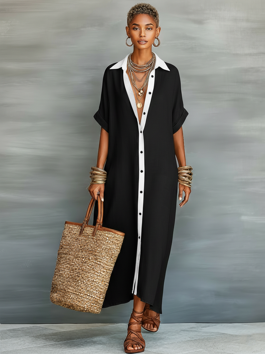 Dames Minimalistische Linnenmix Korte Mouwen Overhemd Maxi Jurk MDZ0647A2Y
