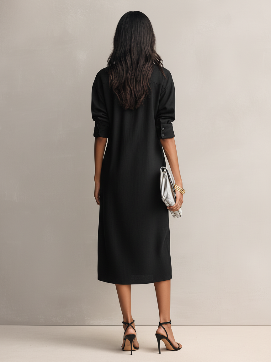 Vrouwen Elegant Zwart Katoen-Linnen Blend Overhemdkraag Korte Mouwen Midi Jurk MDZ0455C2AN