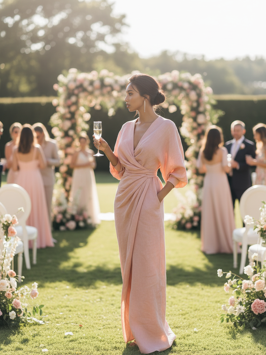 Dames Roze Minimalistische V-hals Linnenmix Maxi-jurk MDA1655L0Y