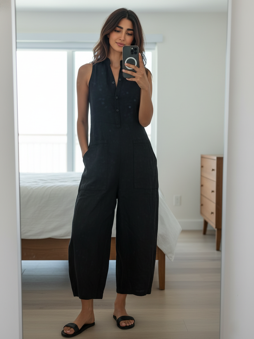Dames Minimalistische Linnenmix Knop-up Staande Kraag Mouwloze Losse Jumpsuit MDZ2725A5Y