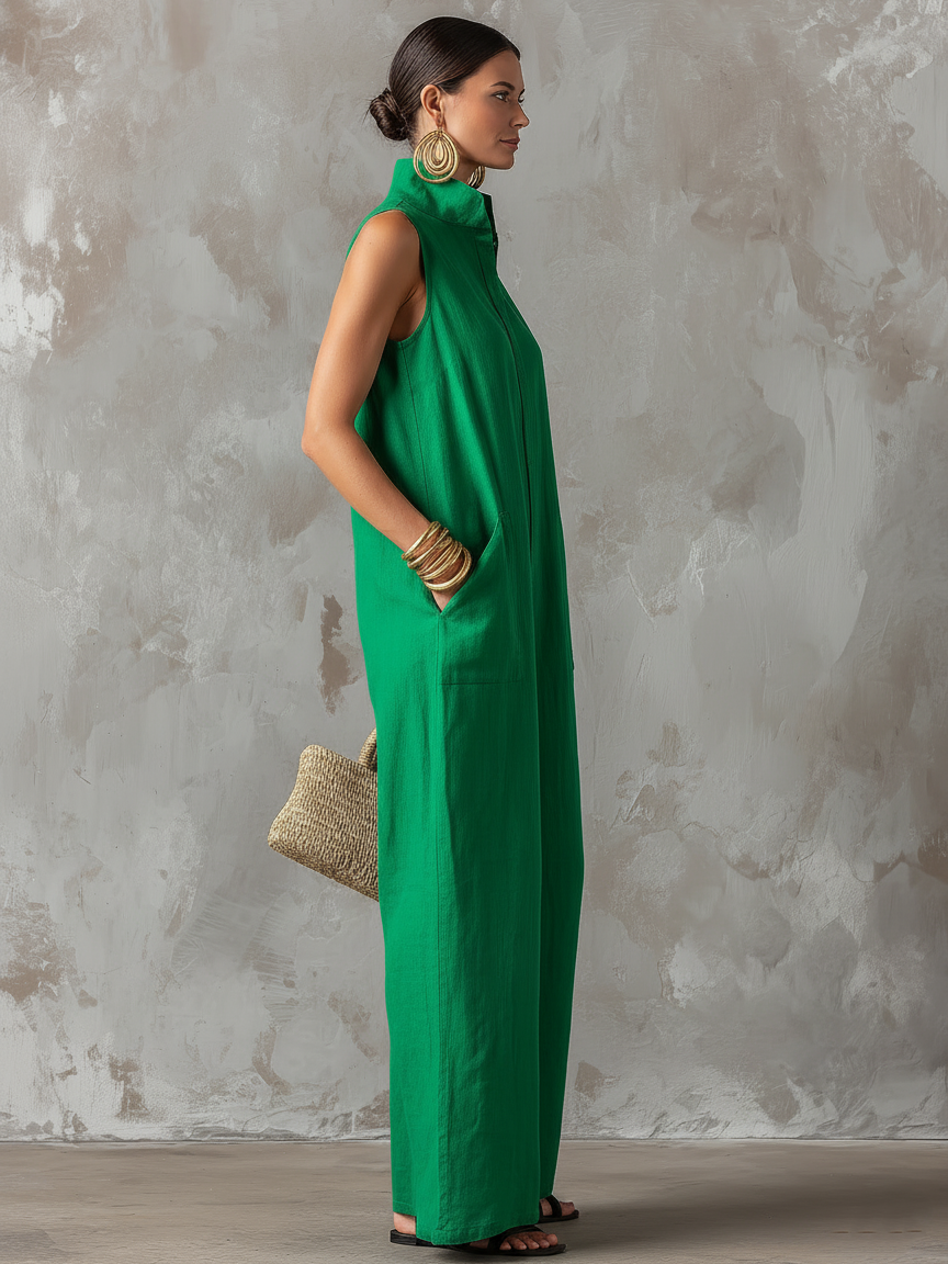 Dames Minimalistische Losse Linnenmix Jumpsuit — Staande Kraag, Mouwloos, Enkele Knop MDZ2928D6Y