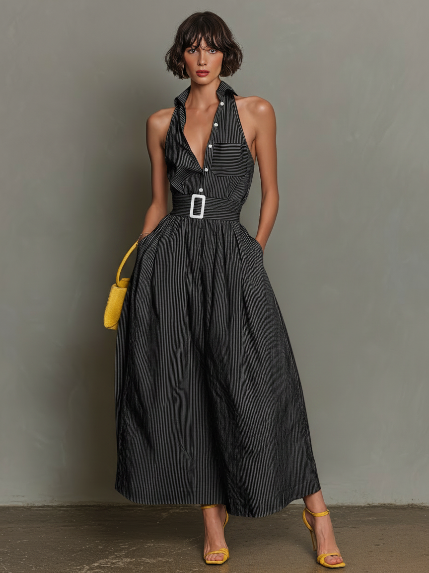 Dames Minimalistische Gestreepte Kraag Mouwloze Maxi Jurk MDZ1099D5Y