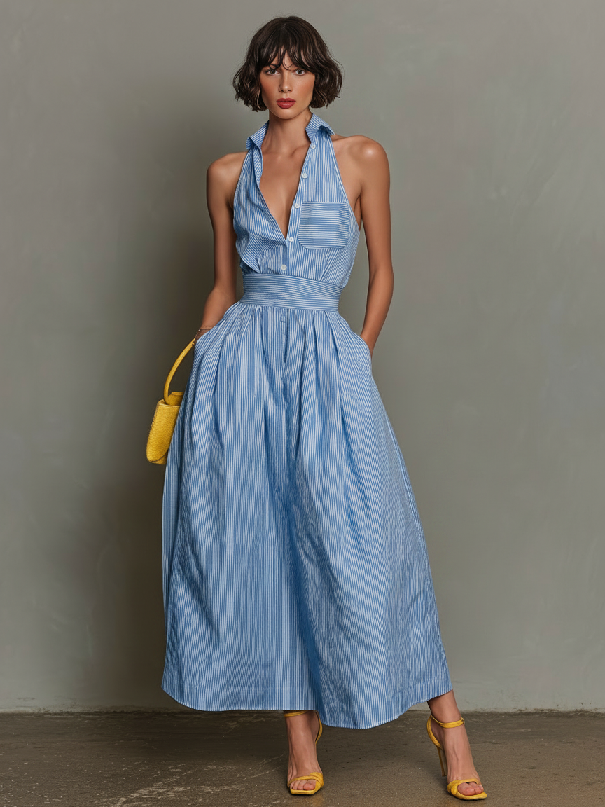 Dames Minimalistische Gestreepte Kraag Mouwloze Maxi Jurk MDZ1099D5Y