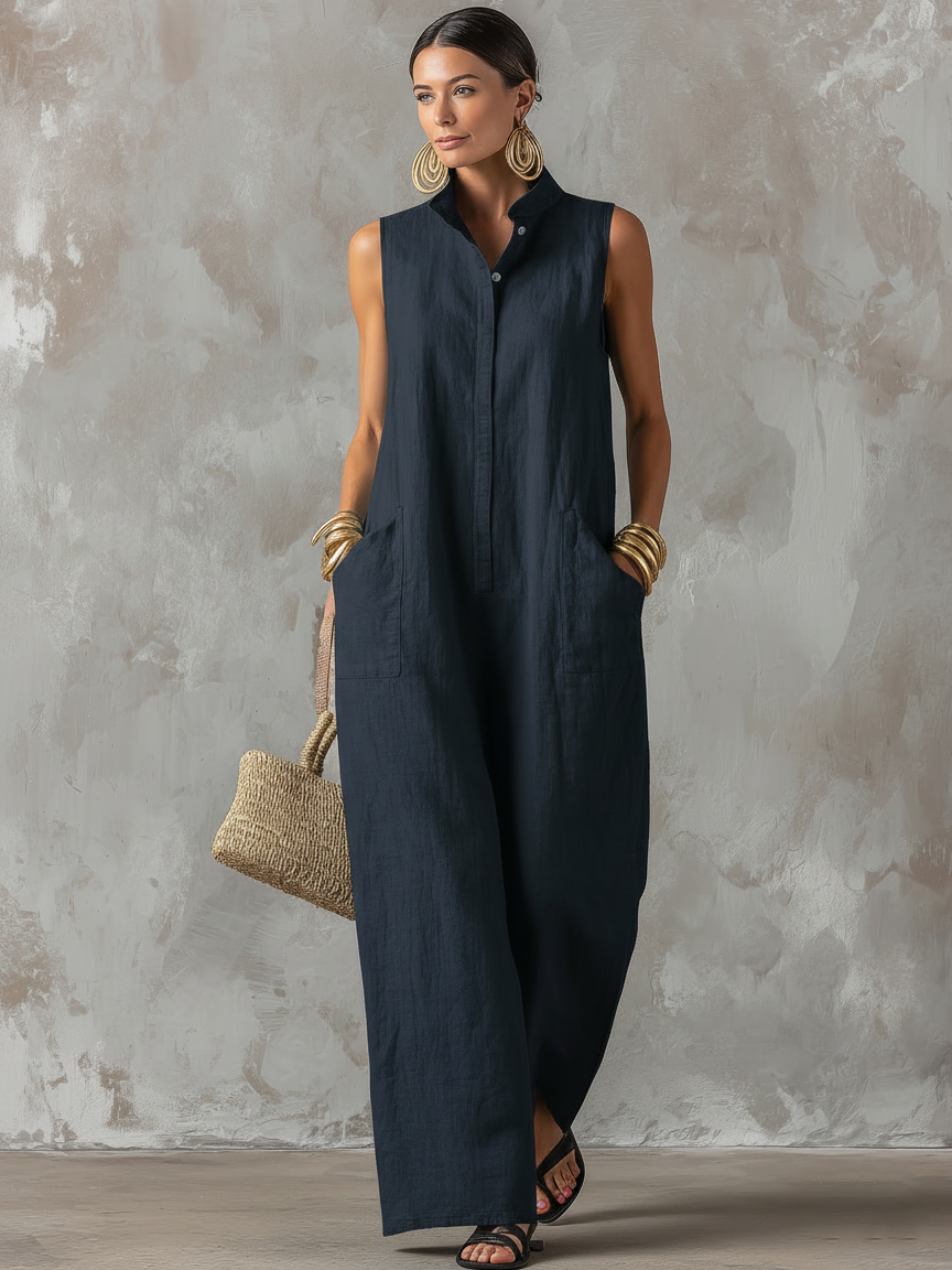 Dames Minimalistische Losse Linnenmix Jumpsuit — Staande Kraag, Mouwloos, Enkele Knop MDZ2928D6Y