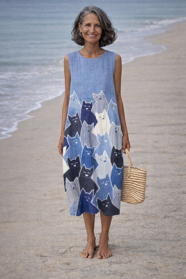 Avellana | Midi-jurk met kunst patchwork van katten
