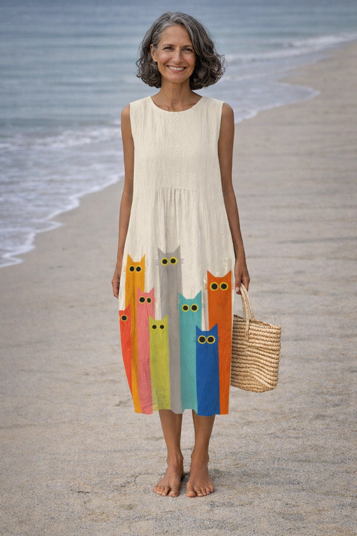 Penélope | Midi-jurk met kleurrijke kattenkunst