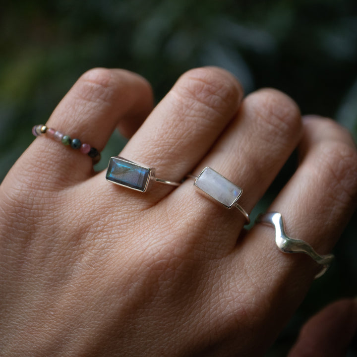 Labradoriet Ring vierkant van 925 Sterling Zilver blauw-groen