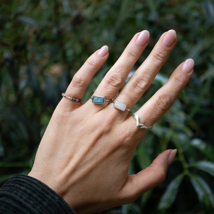 Labradoriet Ring vierkant van 925 Sterling Zilver blauw-groen