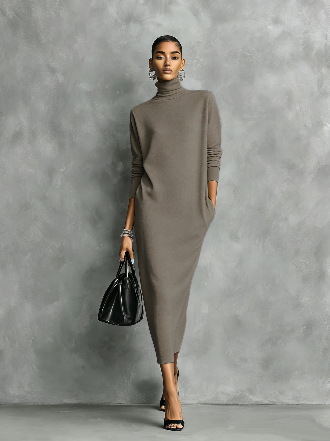 Dames Elegante Zwarte Gebreide Col Lange Mouwen Losvallende Midi Jurk Zonder Zakken MDA1974L7AN