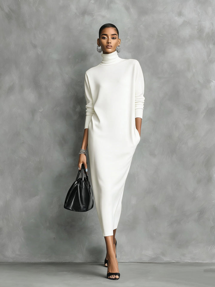 Dames Elegante Zwarte Gebreide Col Lange Mouwen Losvallende Midi Jurk Zonder Zakken MDA1974L7AN