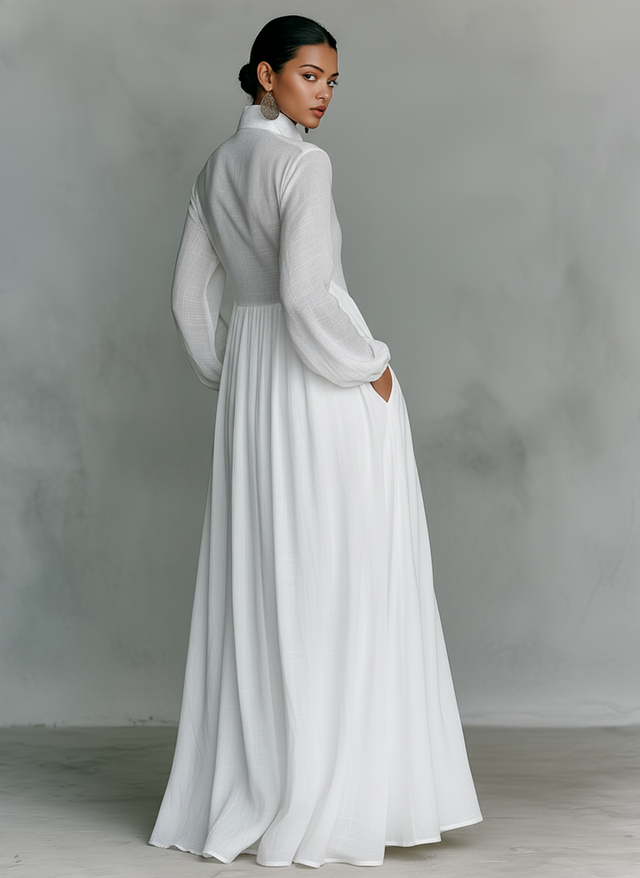Maxi Minimalistische Jurk van Katoen en Linnen met Patchwork, Hoge Hals en Lange Mouwen