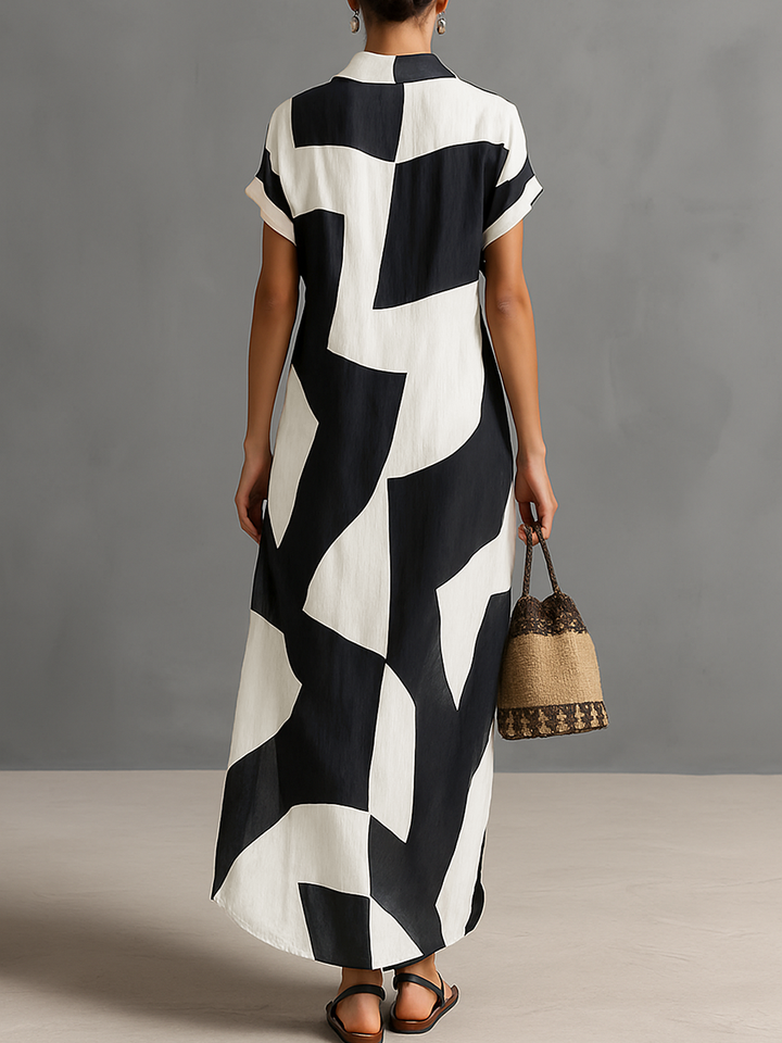 Vrouwen Katoen en Linnen Mix Onregelmatige Geometrische Print Revers Enkele Knop Korte Mouwen Maxi Overhemd Jurk MDA1689G1Y