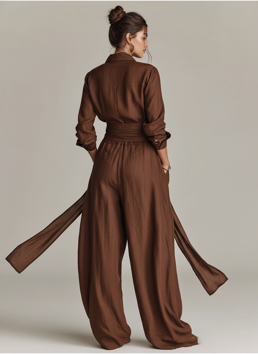 Vrouwen Elegante Bruine Geweven Katoen-Linnen Lange Mouwen Overhemd Kraag Jumpsuit Met Riem MDA1965L9AN