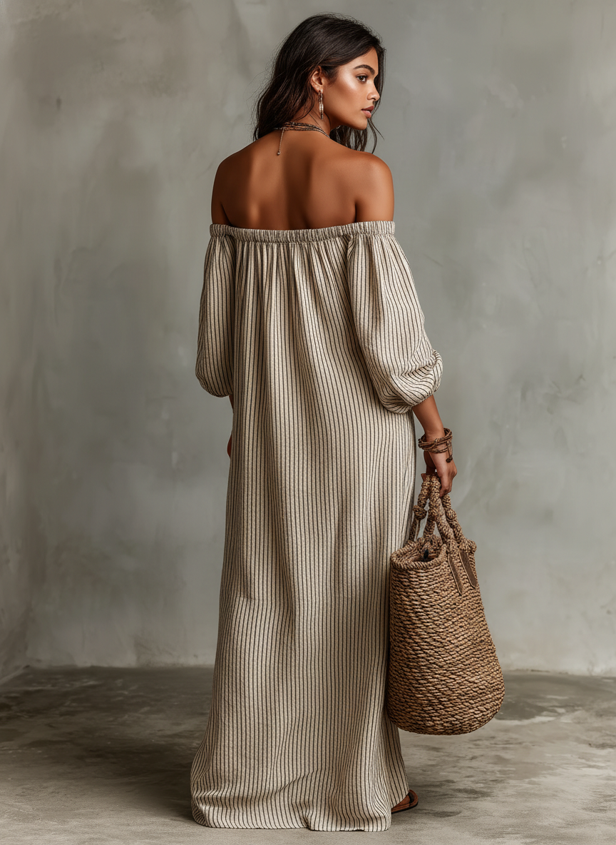 Vrouwen Vakantie Katoen-linnen Mix Off-shoulder Lange Mouwen Maxi Jurk MDZ0481B5Y