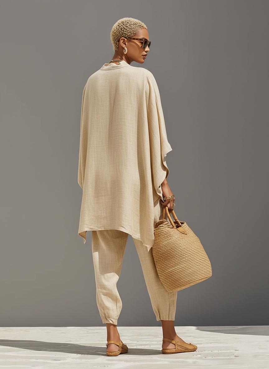 Dames Neutraal Linnen Set Met Asymmetrische Zoom & Minimalistisch Ontwerp, Verfijnde Dagelijkse Casual Stijl Set MDZ0501B3I