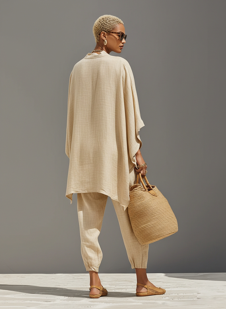 Dames Neutraal Linnen Set Met Asymmetrische Zoom & Minimalistisch Ontwerp, Verfijnde Dagelijkse Casual Stijl Set MDZ0501B3I
