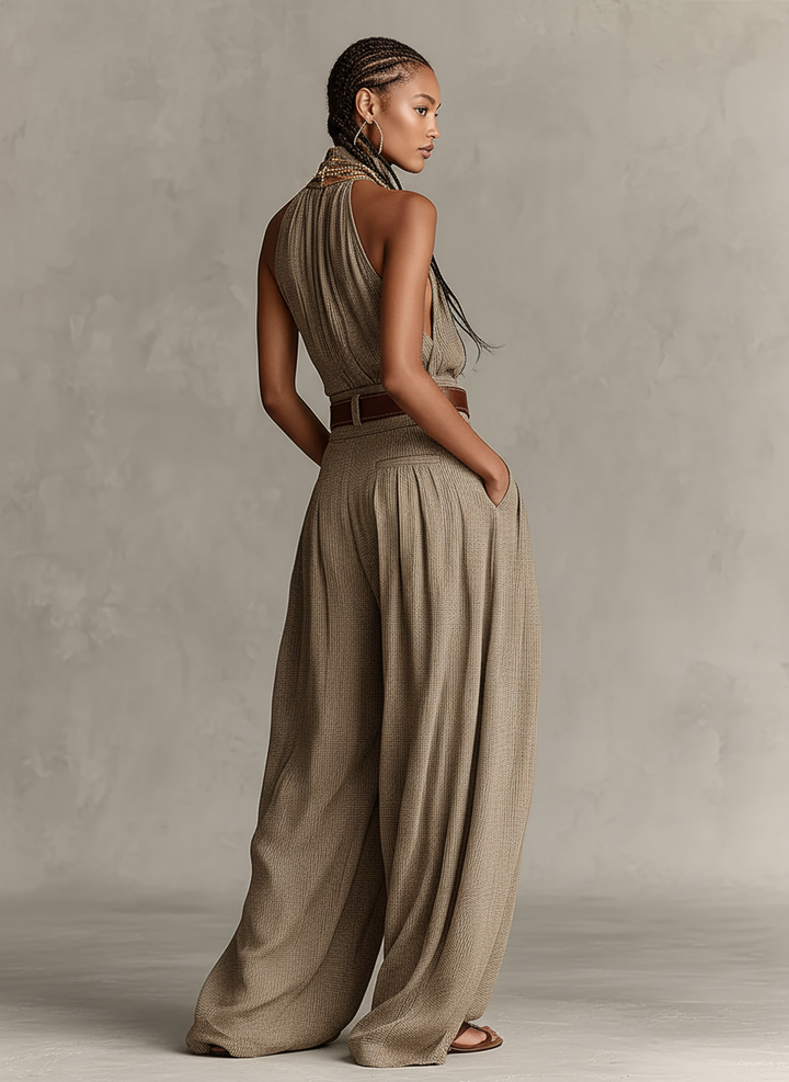 Dames Taupe Katoenmix Jumpsuit Met Halternek & Brede Pijpen, Tijdloze Boho-Elegante Stijl Jumpsuit (Zonder Riem) MDZ0940C3I