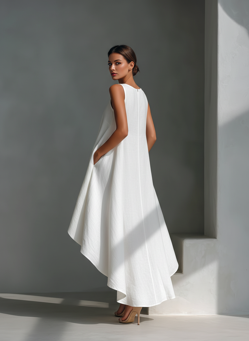 Vrouwen Witte Linnen Stoffen Mouwloze Midi Jurk Met Ronde Hals & Asymmetrische Zoom MDZ0987B9T