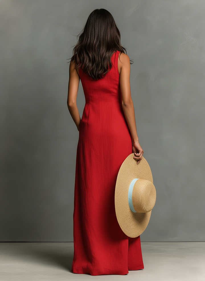 Dames Minimalistische Linnenmix Kraagloze Enkele Borst Mouwloze Maxi Hemdjurk MDZ1011C0Y