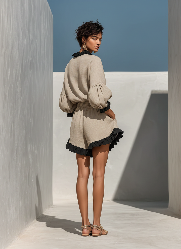 Dames Beige Linnenmix Contrast Rimpel Trim Lange Mouwen Blouse & Hoge Taille Rimpel Zoom Shorts Twee-Piece Set MDZ1018D0T