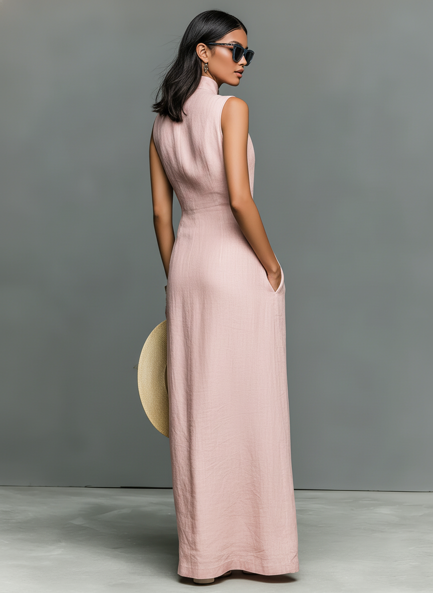 Dames Minimalistische Linnenmix Staande Kraag Enkele Knoploze Mouwloze Maxi Jurk MDZ1049C1Y